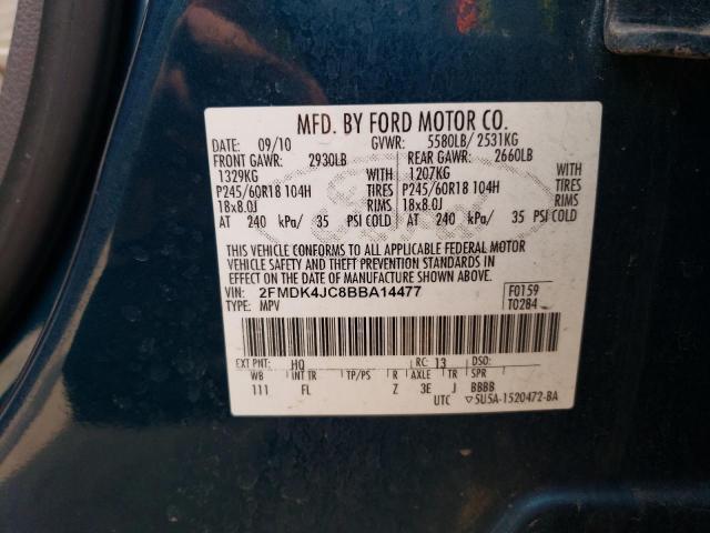 2FMDK4JC8BBA14477 - 2011 FORD EDGE SEL BLUE photo 12