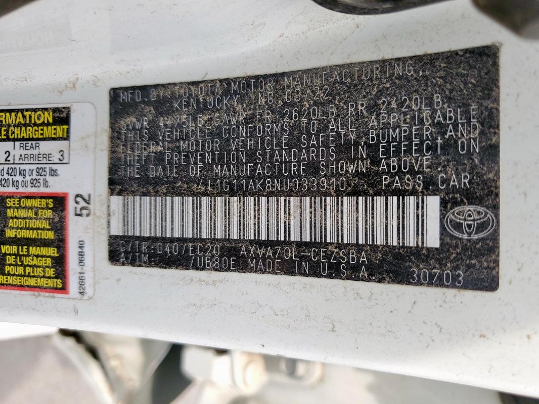 4T1G11AK8NU033910 - 2022 TOYOTA CAMRY SE WHITE photo 12