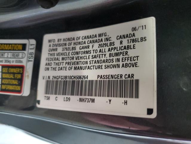 2HGFG3B10CH506264 - 2012 HONDA CIVIC EXL ნაცრისფერი ფოტო 12