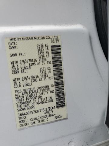 1N6AD0EV2KN753304 - 2019 NISSAN FRONTIER S WHITE photo 12