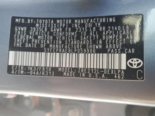 5YFEPRAE8LP059906 - 2020 TOYOTA COROLLA LE BLUE photo 12