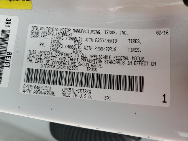 5TFRM5F1XGX102383 - 2016 TOYOTA TUNDRA DOUBLE CAB SR/SR5 WHITE photo 12