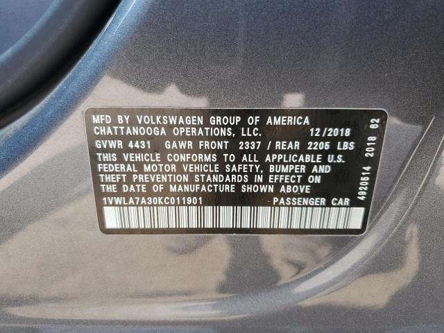 1VWLA7A30KC011901 - 2019 VOLKSWAGEN PASSAT WOLFSBURG GRAY photo 12