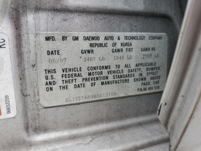 KL1TD56648B013108 - 2008 CHEVROLET AVEO BASE SILVER photo 12