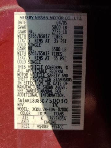 5N1AR18U85C750030 - 2005 NISSAN PATHFINDER LE წითელი ფოტო 14