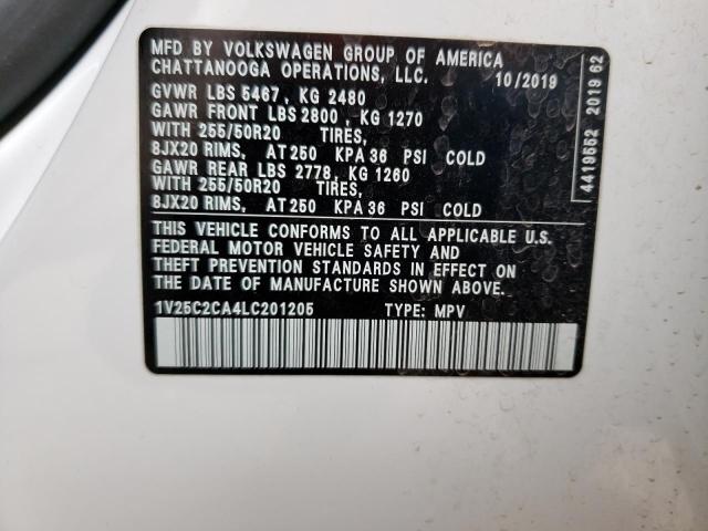 1V25C2CA4LC201205 - 2020 VOLKSWAGEN ATLAS CROS SE Белый фото 12