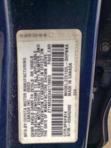 2T1KR32E04C179953 - 2004 TOYOTA COROLLA MA XR BLUE photo 13