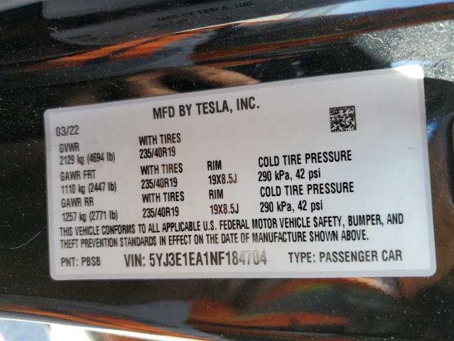 5YJ3E1EA1NF184704 - 2022 TESLA MODEL 3 BLACK photo 13