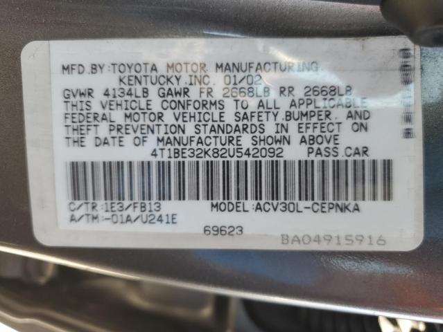 4T1BE32K82U542092 - 2002 TOYOTA CAMRY LE GRAY photo 12