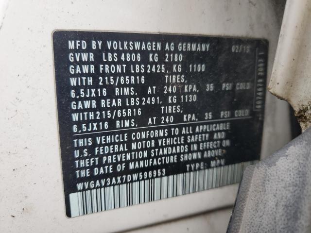 WVGAV3AX7DW596953 - 2013 VOLK TIGUAN S WHITE photo 13