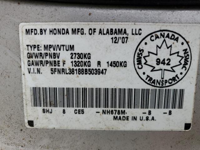 5FNRL38188B503947 - 2008 HONDA ODYSSEY LX SILVER photo 13