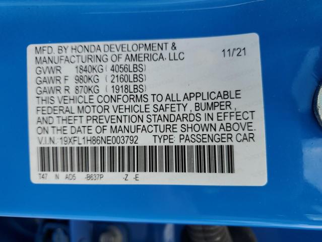 19XFL1H86NE003792 - 2022 HONDA CIVIC SPORT TOURING BLUE photo 12