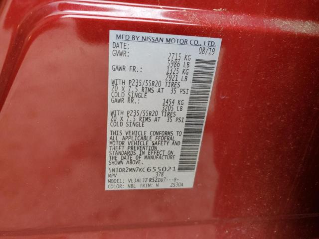 5N1DR2MN7KC655021 - 2019 NISSAN PATHFINDER S RED photo 14