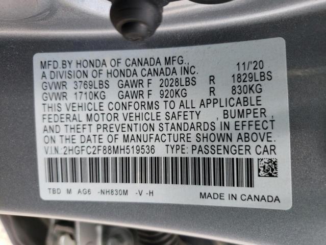 2HGFC2F88MH519536 - 2021 HONDA CIVIC SPORT 银色 照片 12