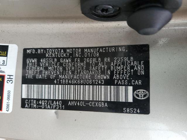 4T1BB46K68U061243 - 2008 TOYOTA CAMRY HYBRID BEIGE photo 12