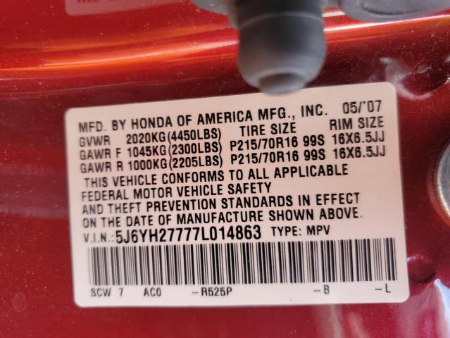 5J6YH27777L014863 - 2007 HONDA ELEMENT EX BURGUNDY photo 12