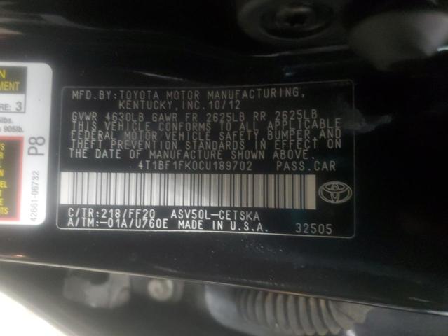 4T1BF1FK0CU189702 - 2012 TOYOTA CAMRY BASE BLACK photo 12