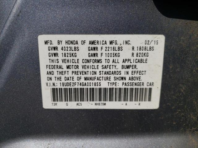 19UDE2F74GA001855 - 2016 ACURA ILX PREMIUM TECH SILVER photo 10