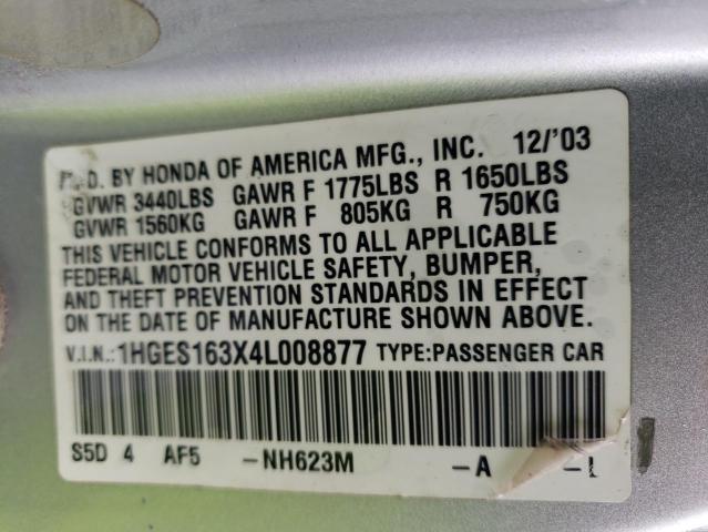 1HGES163X4L008877 - 2004 HONDA CIVIC DX VP Gümüş foto 12