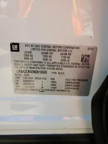 LRBAZLR42ND010688 - 2022 BUICK ENVISION PREFERRED WHITE photo 12