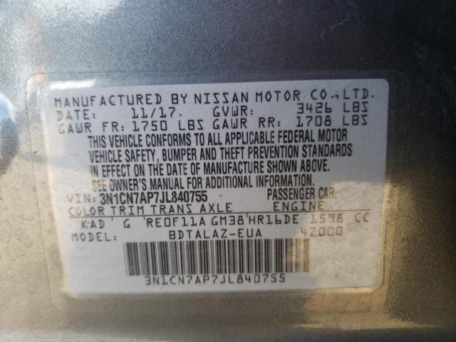 3N1CN7AP7JL840755 - 2018 NISSAN VERSA S GRAY photo 12