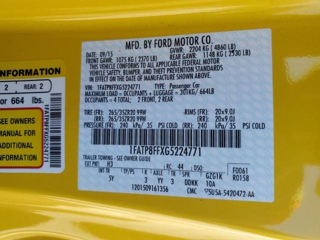 1FATP8FFXG5224771 - 2016 FORD MUSTANG GT YELLOW photo 12