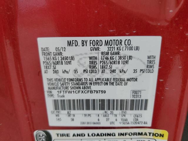 1FTFW1CFXCFB79759 - 2012 FORD F150 SUPERCREW RED photo 12