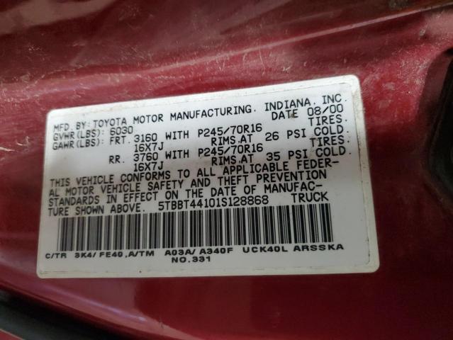 5TBBT44101S128868 - 2001 TOYOTA TUNDRA ACCESS CAB მუქწითელი ფოტო 12