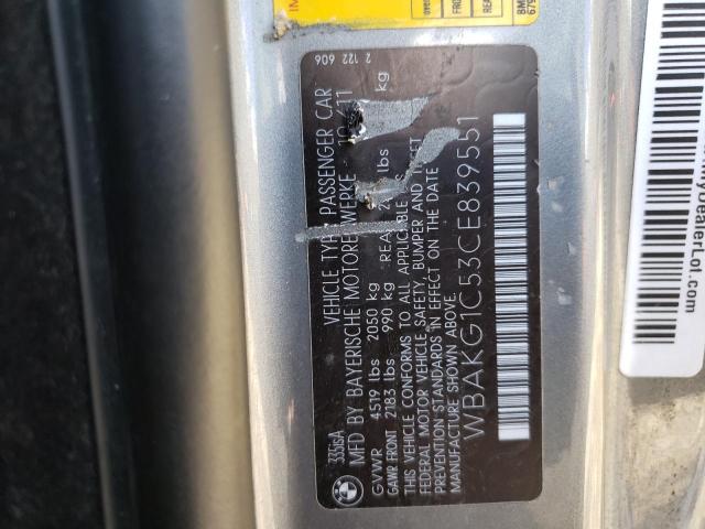 WBAKG1C53CE839551 - 2012 BMW 335 I SULEV GRAY photo 12