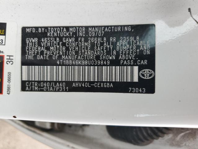 4T1BB46K98U039849 - 2008 TOYOTA CAMRY HYBRID WHITE photo 12