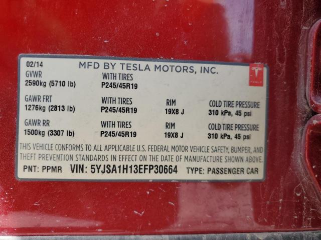 5YJSA1H13EFP30664 - 2014 TESLA MODEL S RED photo 12