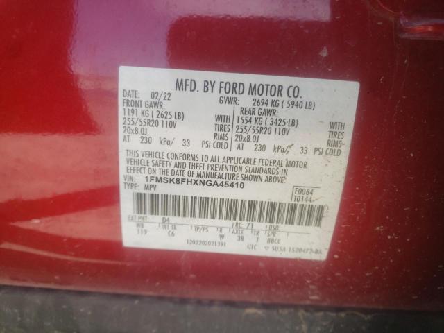 1FMSK8FHXNGA45410 - 2022 FORD EXPLORER LIMITED RED photo 12