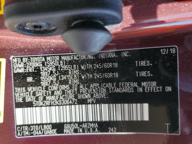 5TDKZRFH2KS306472 - 2019 TOYOTA HIGHLANDER SE برغندي صورة 13