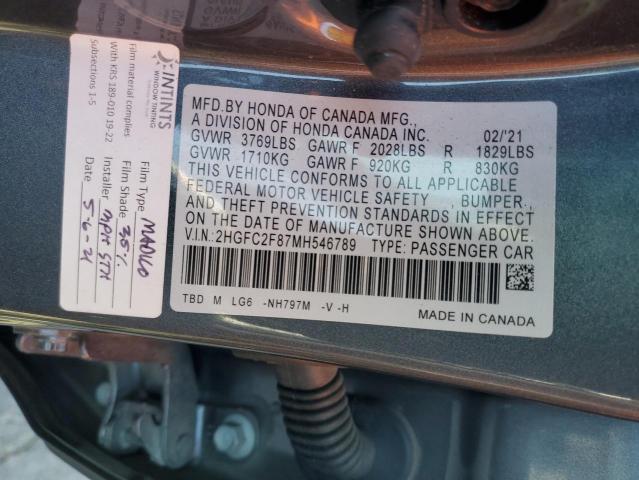 2HGFC2F87MH546789 - 2021 HONDA CIVIC SPORT GRAY photo 13