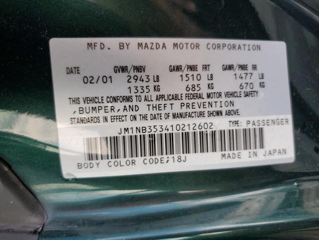 JM1NB353410212602 - 2001 MAZDA MX-5 MIATA BASE GREEN photo 12