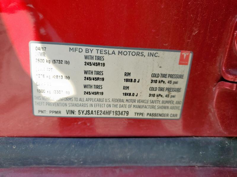 5YJSA1E24HF193479 - 2017 TESLA MODEL S RED photo 12