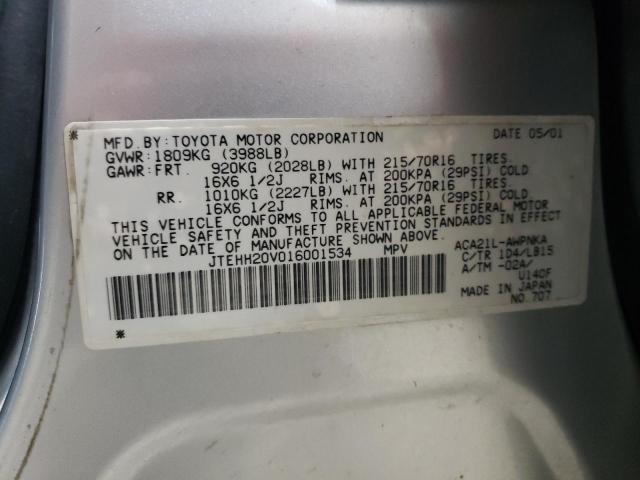 JTEHH20V016001534 - 2001 TOYOTA RAV4 SILVER photo 12