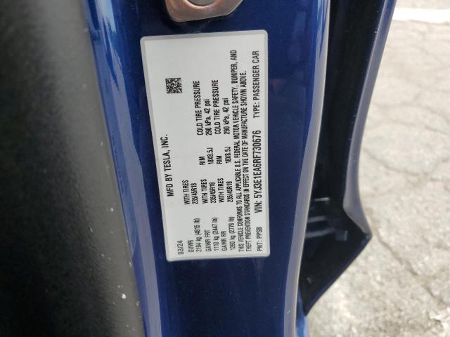 5YJ3E1EA6RF730676 - 2024 TESLA MODEL 3 BLUE photo 12