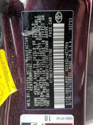 4T1BK1EB4DU001780 - 2013 TOYOTA AVALON BASE 勃艮第红 照片 12