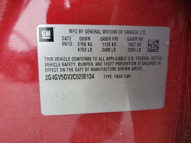 2G4GV5GV2C9206134 - 2012 BUICK REGAL GS წითელი ფოტო 12