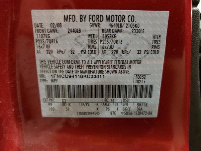 1FMCU94118KD33411 - 2008 FORD ESCAPE LIMITED RED photo 12