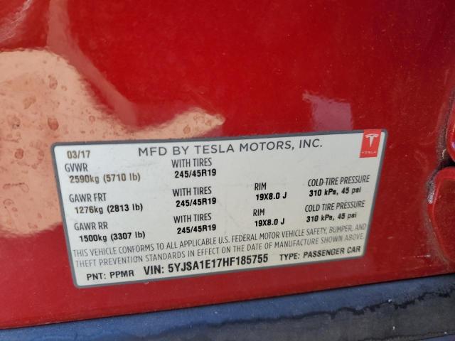 5YJSA1E17HF185755 - 2017 TESLA MODEL S წითელი ფოტო 12