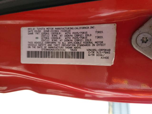5TESN92N42Z065542 - 2002 TOYOTA TACOMA XTRACAB PRERUNNER 红色 照片 12