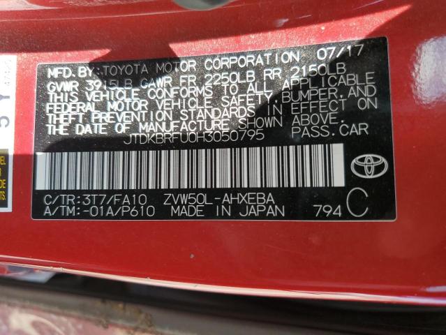 JTDKBRFU0H3050795 - 2017 TOYOTA PRIUS RED photo 12