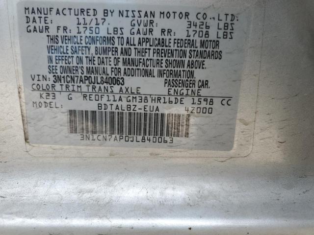 3N1CN7AP0JL840063 - 2018 NISSAN VERSA S SILVER photo 12