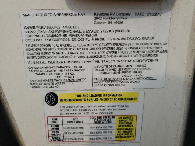 4YDF3532XJ1530867 - 2018 KEYSTONE SPRINTER WHITE photo 10