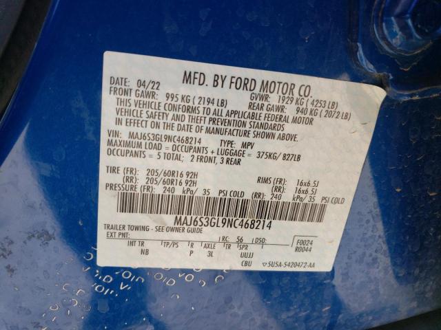 MAJ6S3GL9NC468214 - 2022 FORD ECOSPORT SE 蓝色 照片 13