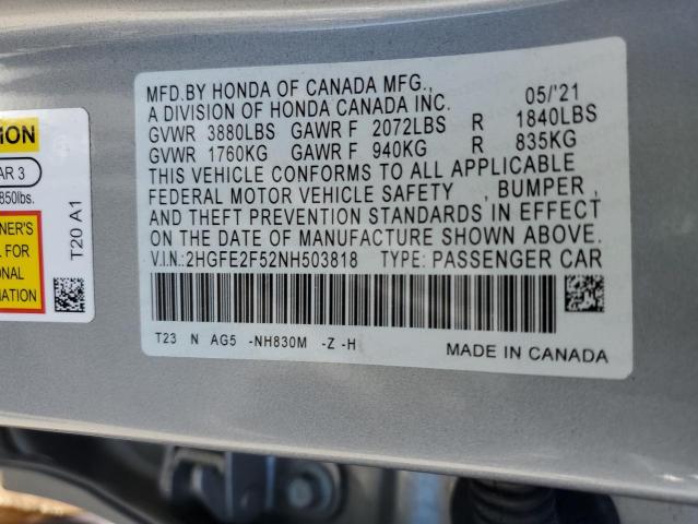 2HGFE2F52NH503818 - 2022 HONDA CIVIC SPORT 银色 照片 12