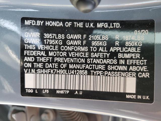 SHHFK7H90LU412858 - 2020 HONDA CIVIC SPORT TOURING GRAY photo 13