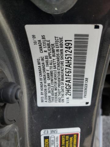 2HGFA1F67AH512491 - 2010 HONDA CIVIC LX-S GRAY photo 12